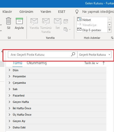 microsoft outlook mail arama çubuğu çalışmıyor