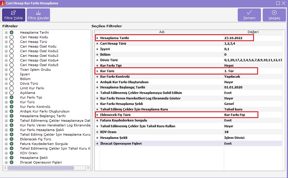 cari hesap kur farkı hesaplama filtreleri