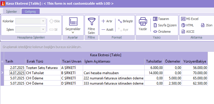 kasa ekstresinde borç alacak bakiye takibi